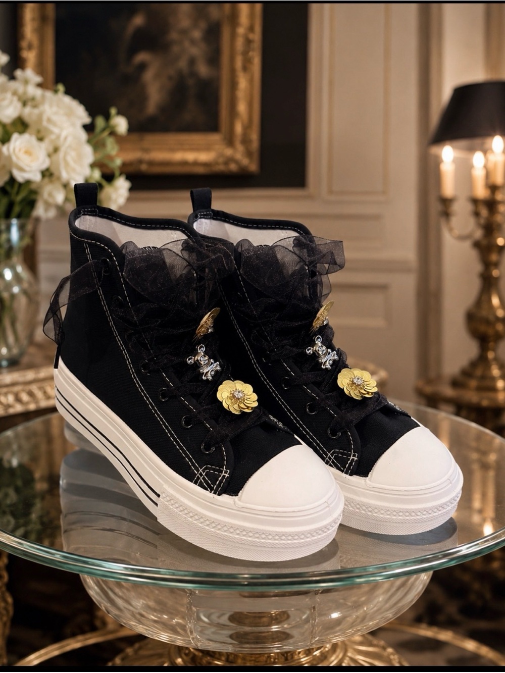 Black High-Top Canvas Sneakers with Yellow Floral Accent